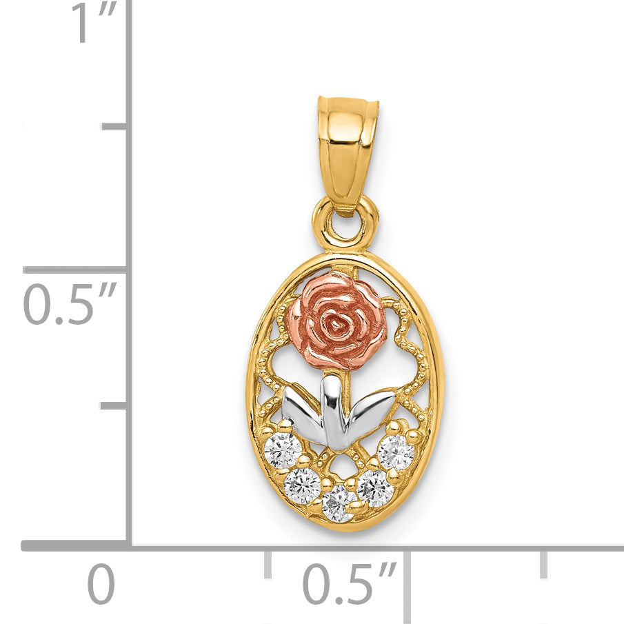 10K Two-Tone W/White Rhodium Cz Rose Charm