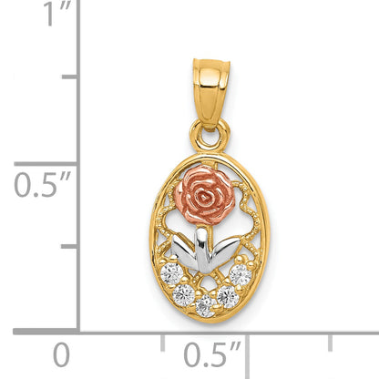 10K Two-Tone W/White Rhodium Cz Rose Charm