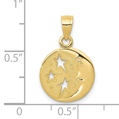 10K Yellow Gold Polished Flat-Backed Moon With Three Stars Pendant
