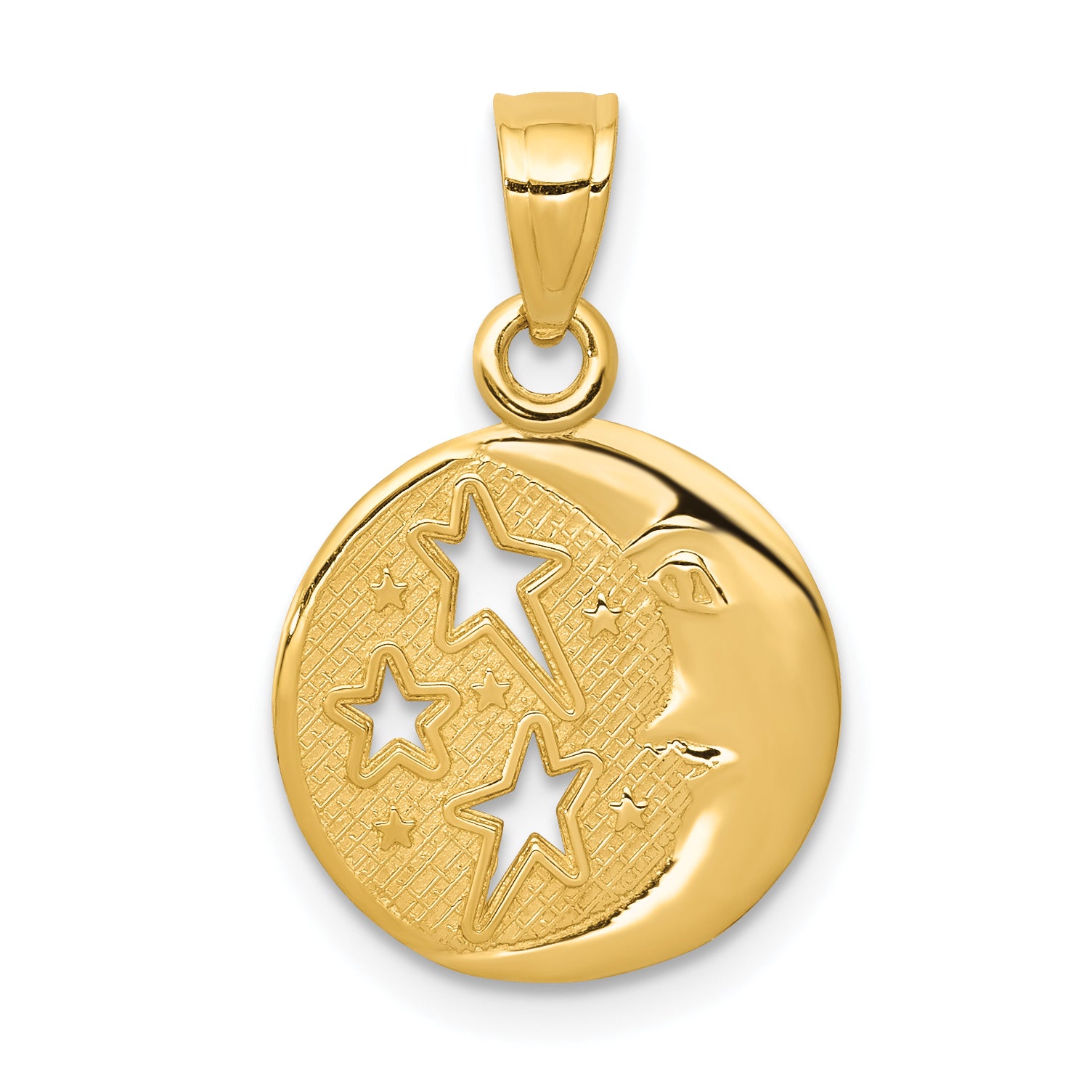 10K Yellow Gold Polished Flat-Backed Moon With Three Stars Pendant
