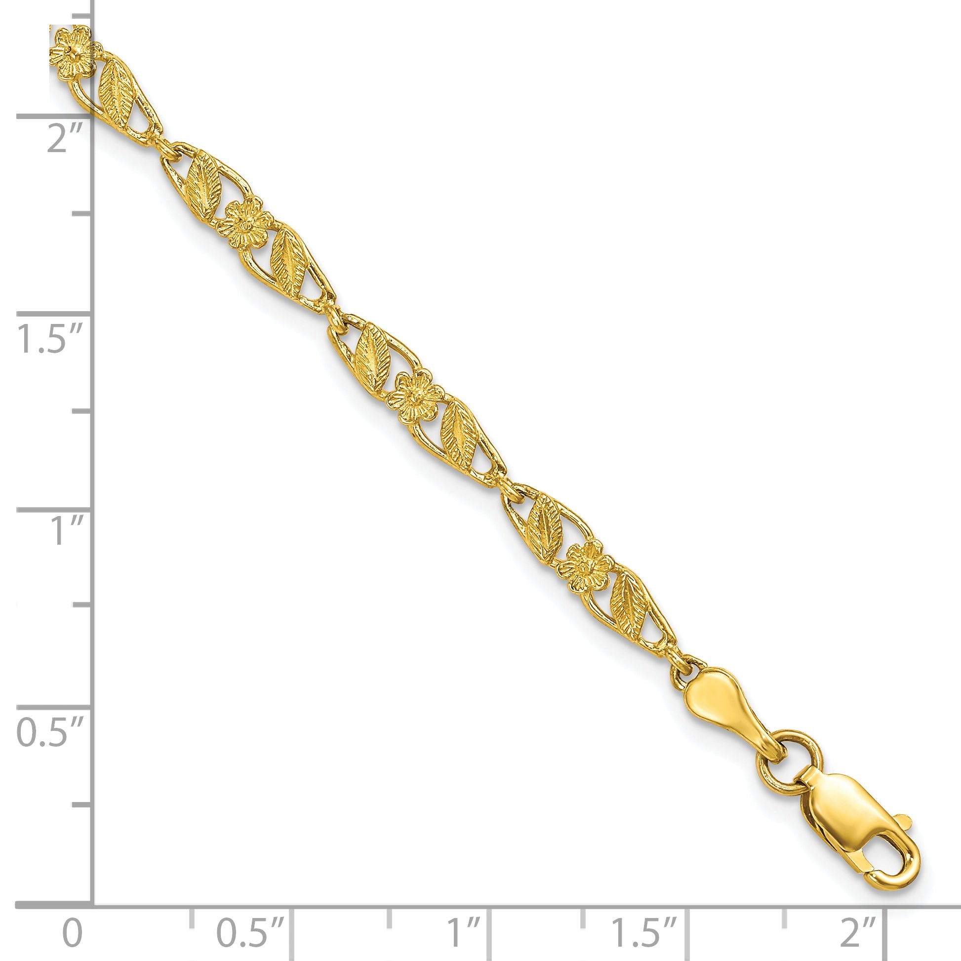 10K Yellow Gold Solid Polished Open Back Flower & Leaf Bracelet