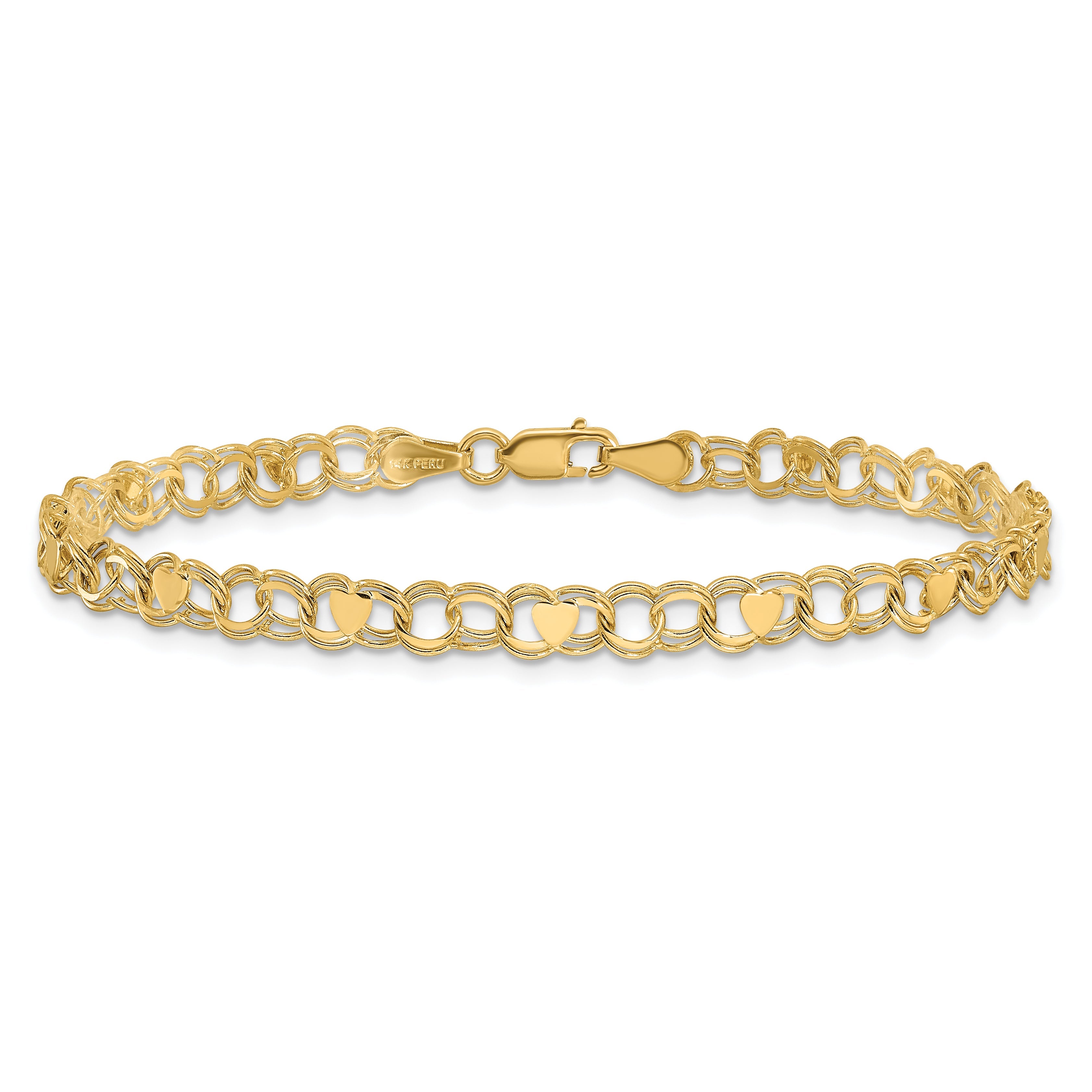 10K Yellow Gold Double Link Heart Charm Bracelet