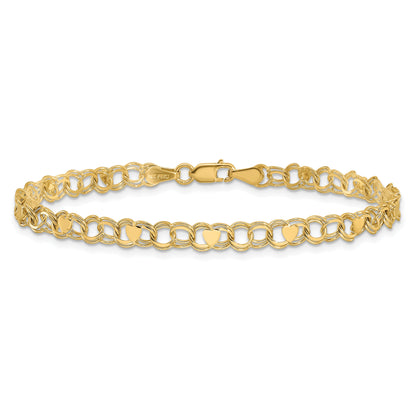 10K Yellow Gold Double Link With Hearts Charm Bracelet
