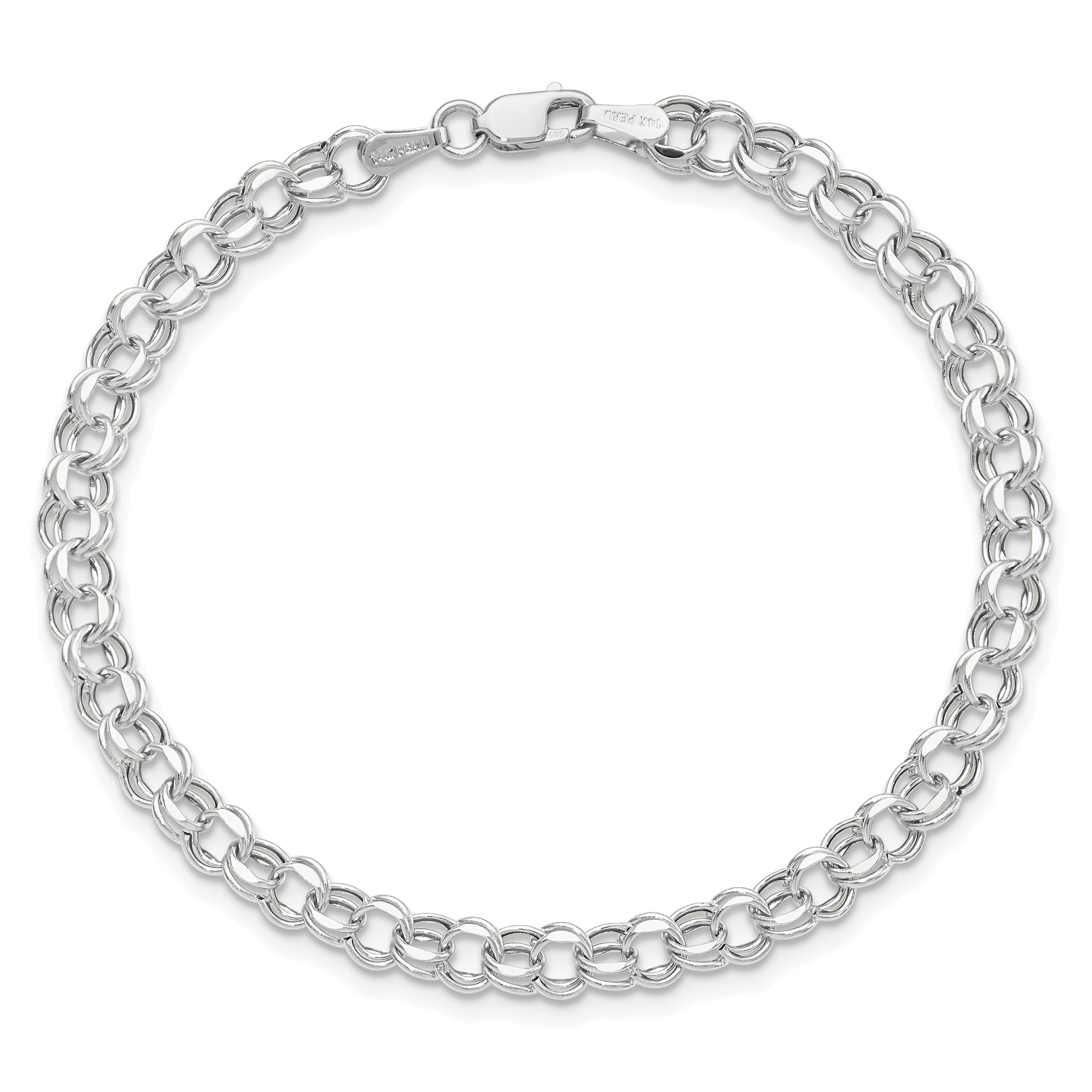 10K White Gold 8In 4.5mm Hollow Dia-Cut Dbl Link Charm Bracelet