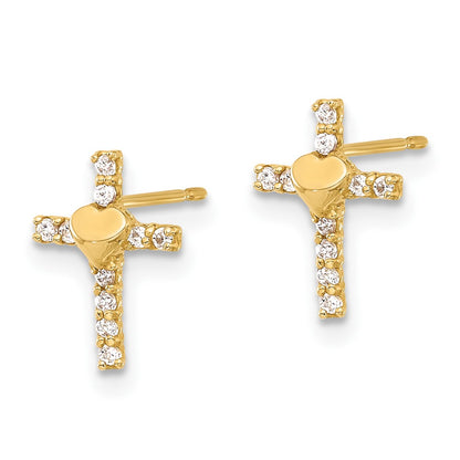 10K Yellow Gold 10K Polished Cz Heart Cross Post Earrings