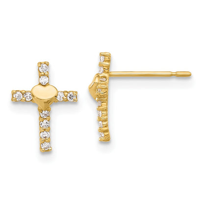 10K Yellow Gold 10K Polished Cz Heart Cross Post Earrings