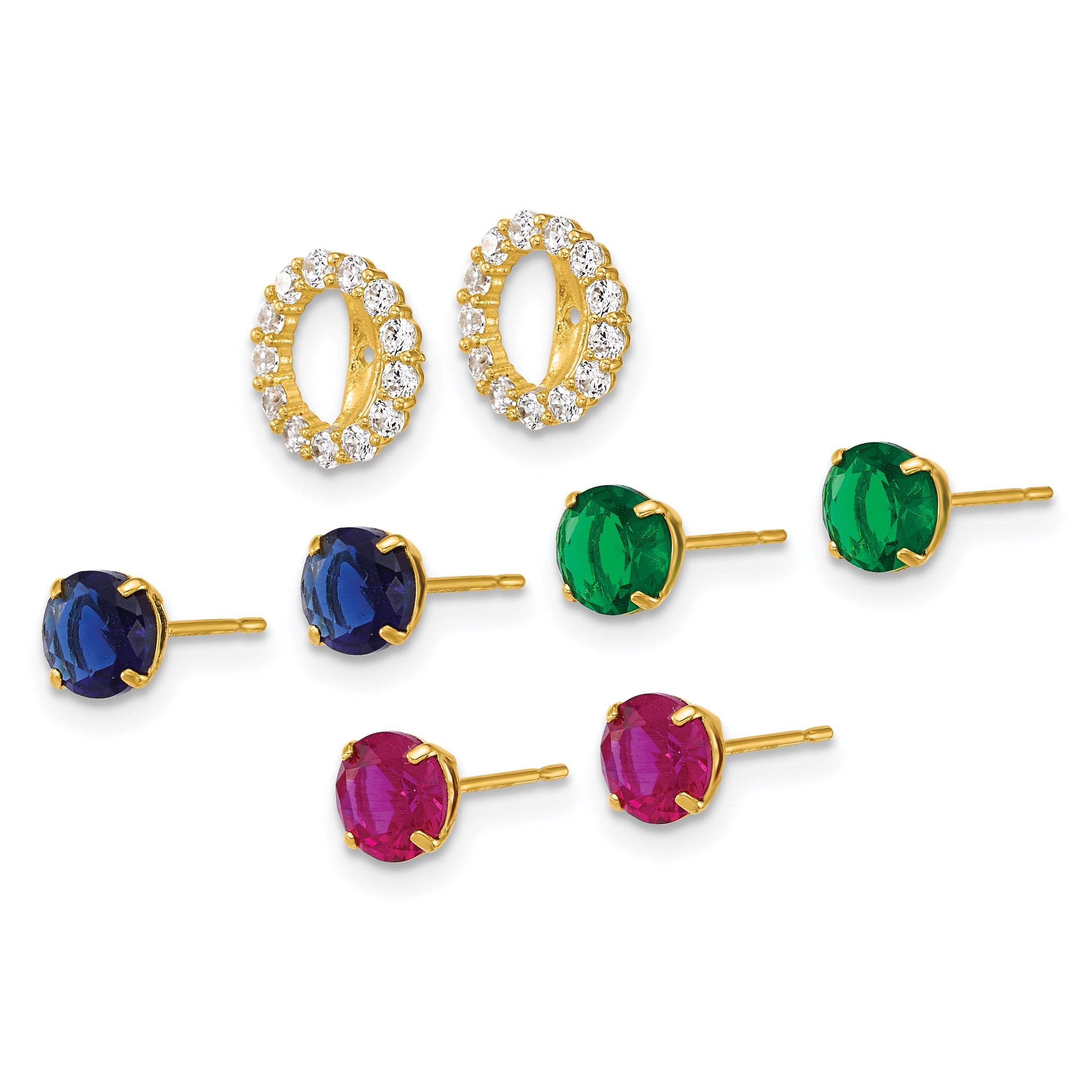 10K Yellow Gold Set Of Three Red, Blue And Green Glass Stone Studs With Cz Halo Jacket Post Earrings