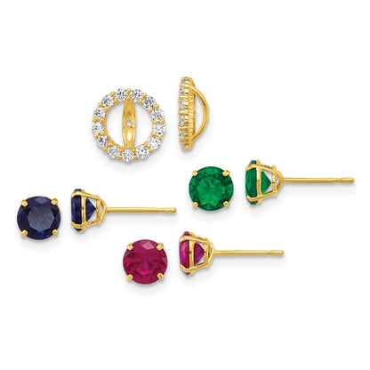 10K Yellow Gold Set Of Three Red, Blue And Green Glass Stone Studs With Cz Halo Jacket Post Earrings