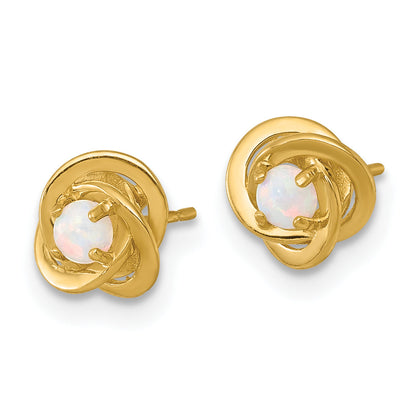 10K Yellow Gold Polished Round Lab Created Opal In Love Knot Fancy Post Earrings