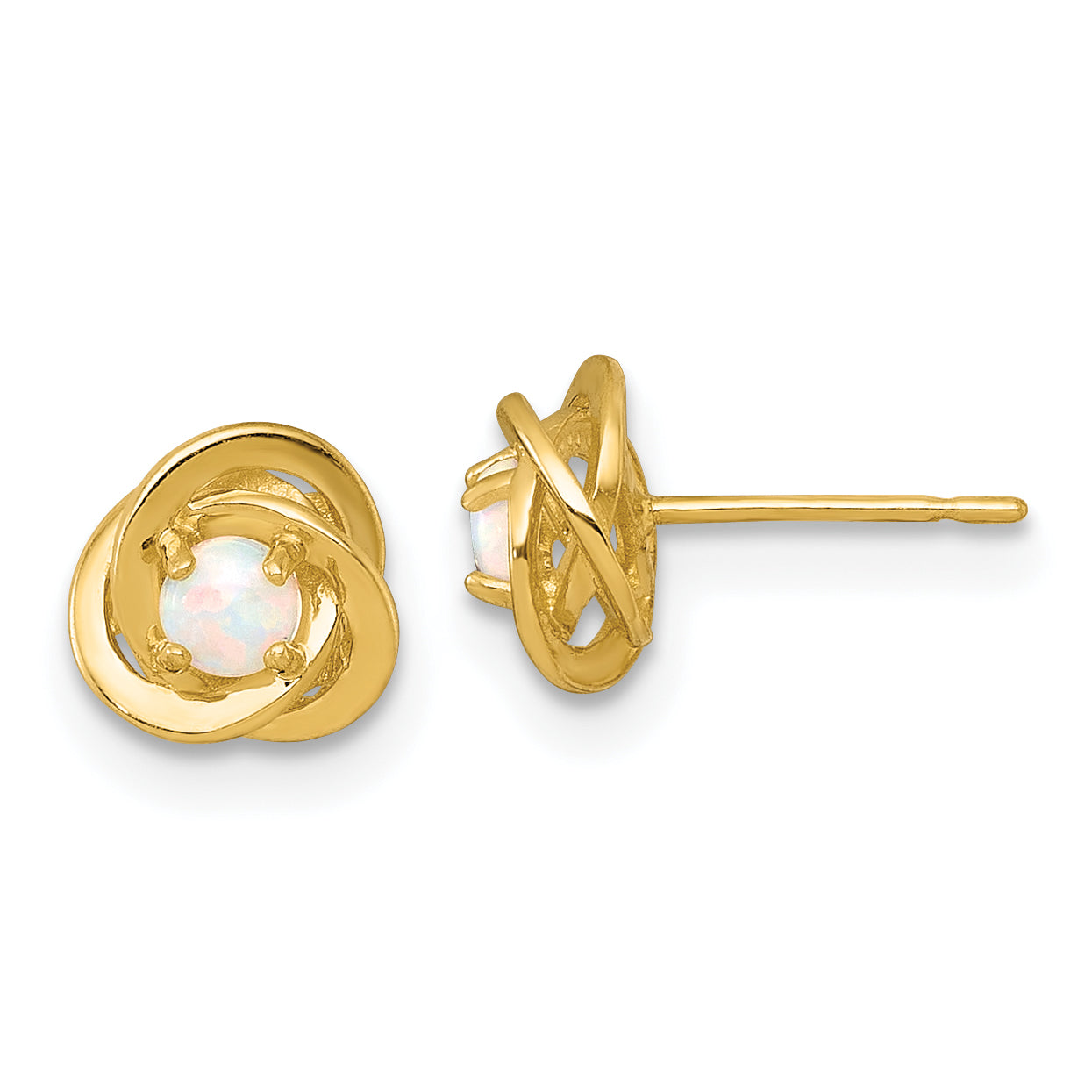 10K Yellow Gold Polished Round Lab Created Opal In Love Knot Fancy Post Earrings