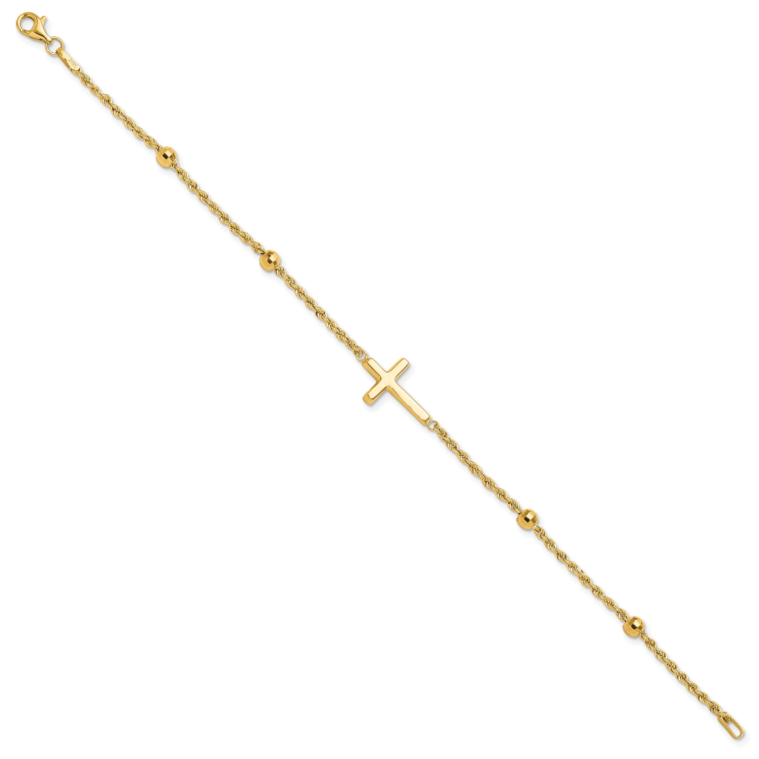 10K Yellow Gold D/C Beaded Cross 7.5In Bracelet