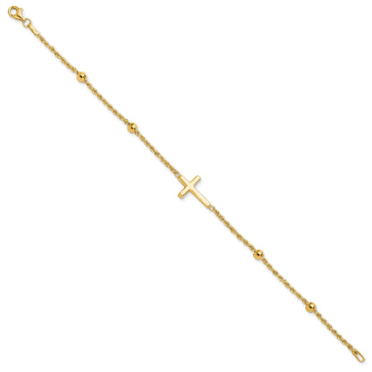 10K Yellow Gold D/C Beaded Cross 7.5In Bracelet