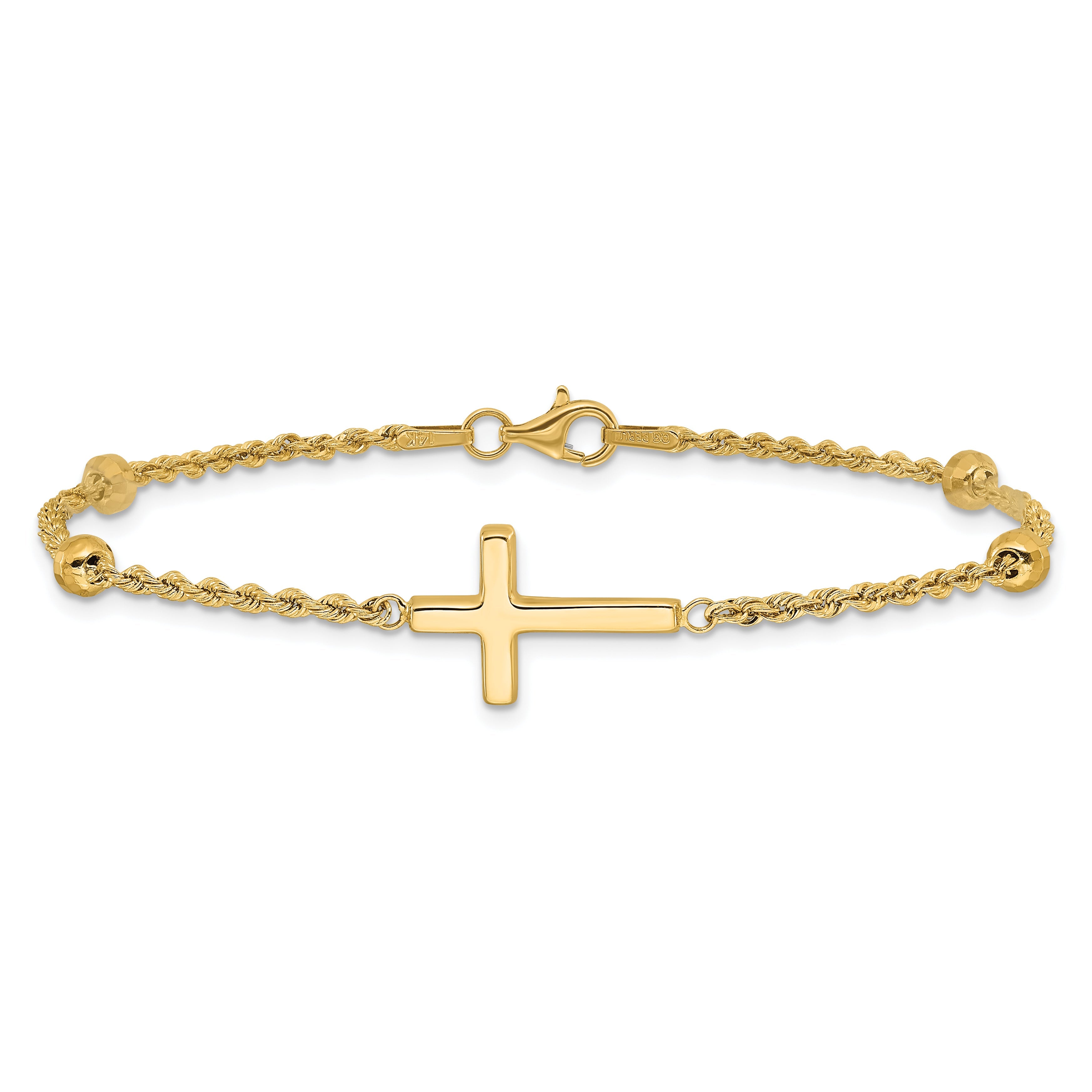 10K Yellow Gold D/C Beaded Cross 7.5In Bracelet