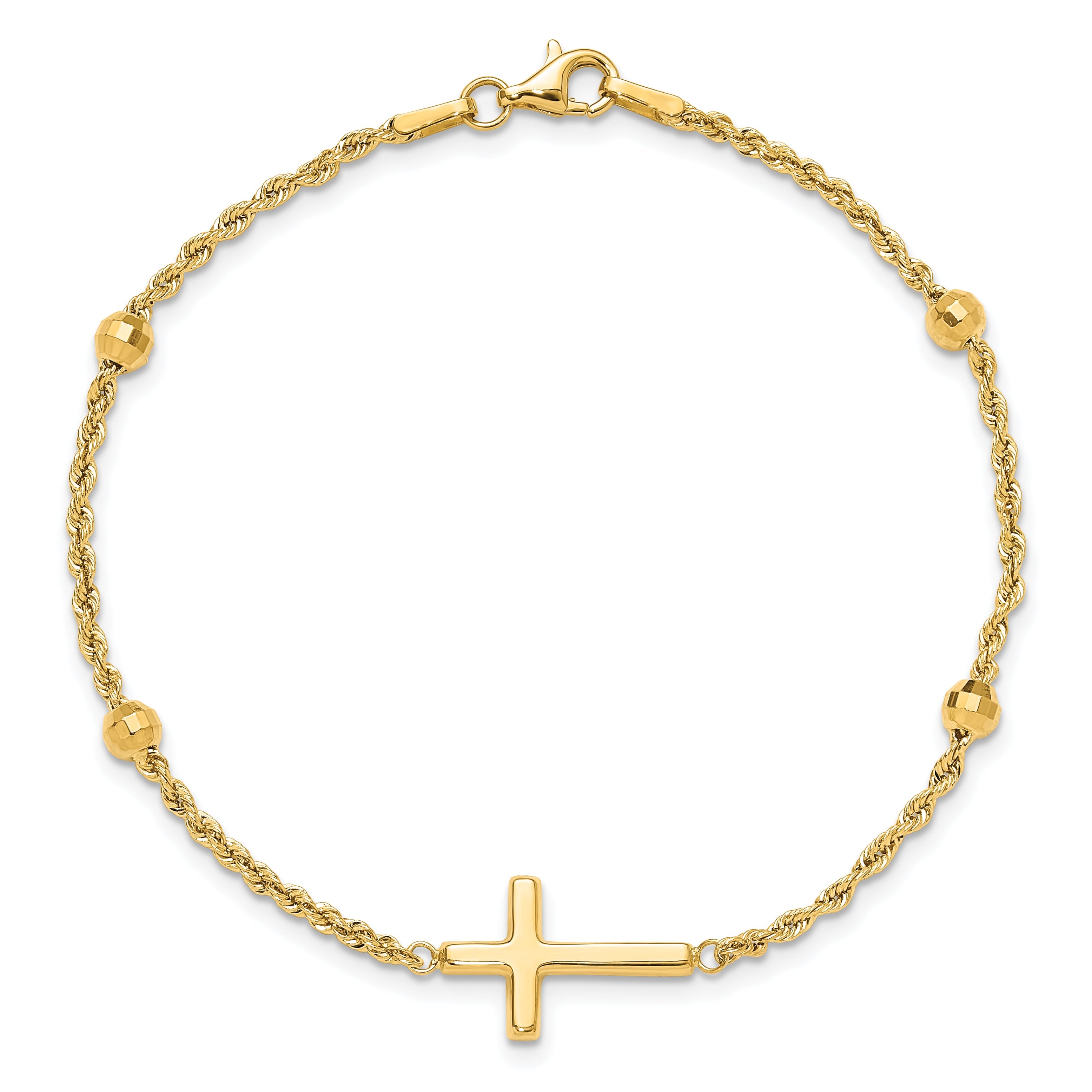 10K Yellow Gold D/C Beaded Cross 7.5In Bracelet