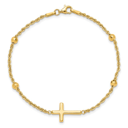 10K Yellow Gold D/C Beaded Cross 7.5In Bracelet
