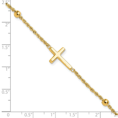 10K Yellow Gold D/C Beaded Cross 7.5In Bracelet