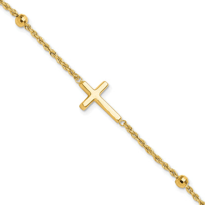10K Yellow Gold D/C Beaded Cross 7.5In Bracelet