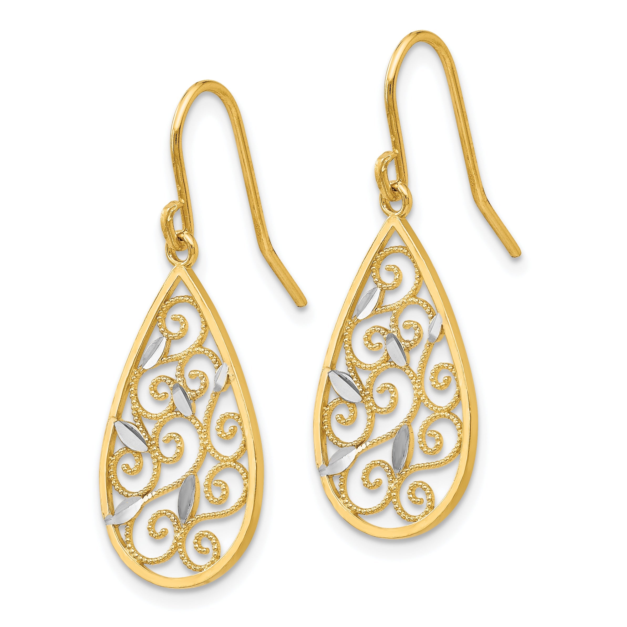 10K Yellow W/Rhodium 10K White Rhodium Diamond-Cut Filigree Teardrop Wire Earrings
