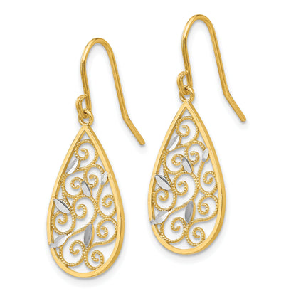 10K Yellow W/Rhodium 10K White Rhodium Diamond-Cut Filigree Teardrop Wire Earrings