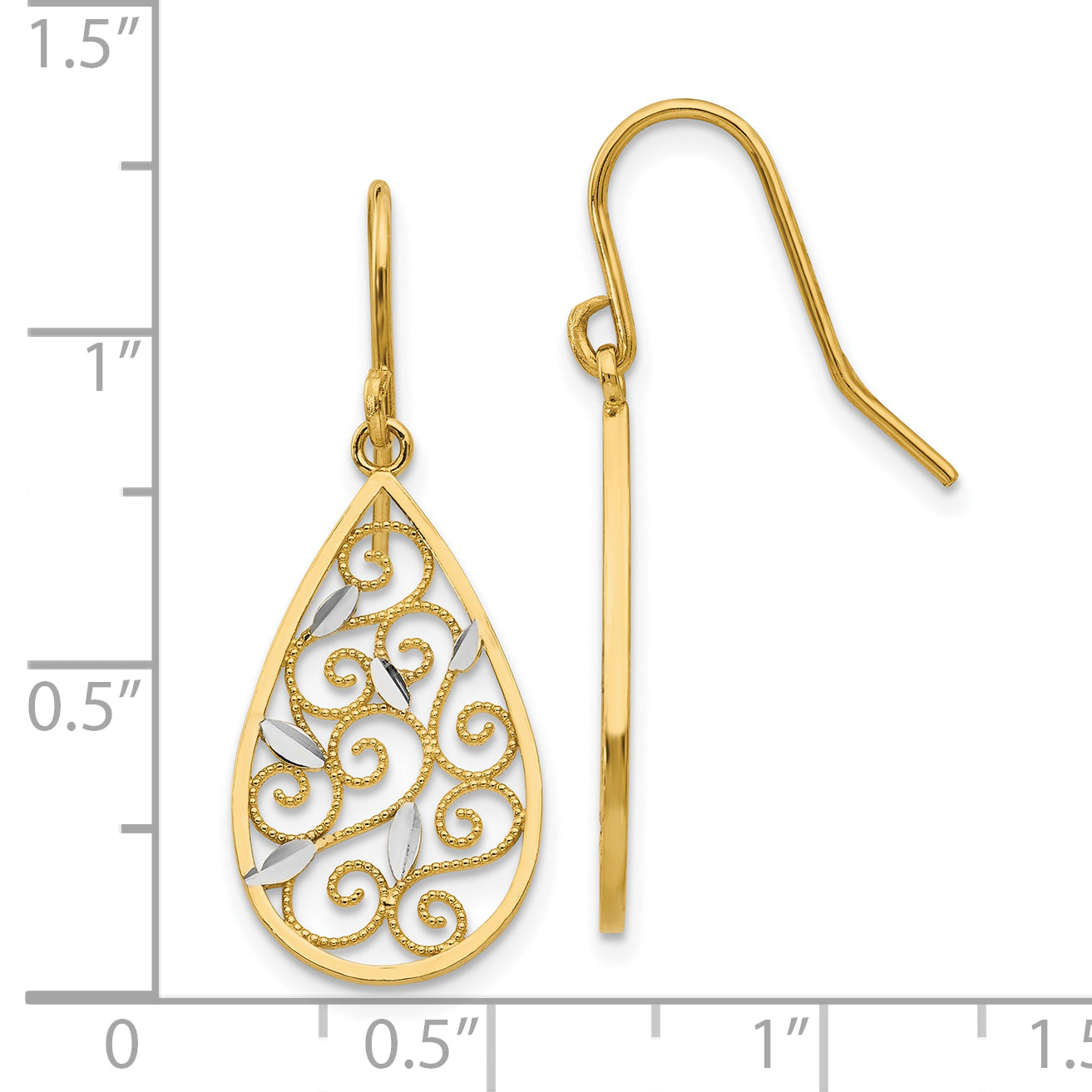 10K Yellow W/Rhodium 10K White Rhodium Diamond-Cut Filigree Teardrop Wire Earrings