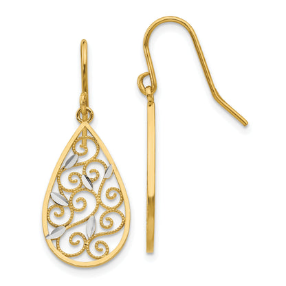 10K Yellow W/Rhodium 10K White Rhodium Diamond-Cut Filigree Teardrop Wire Earrings
