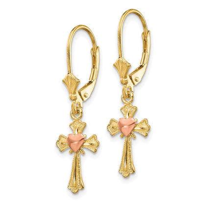 10K Two-Tone 10K Heart On Cross Leverback Earrings