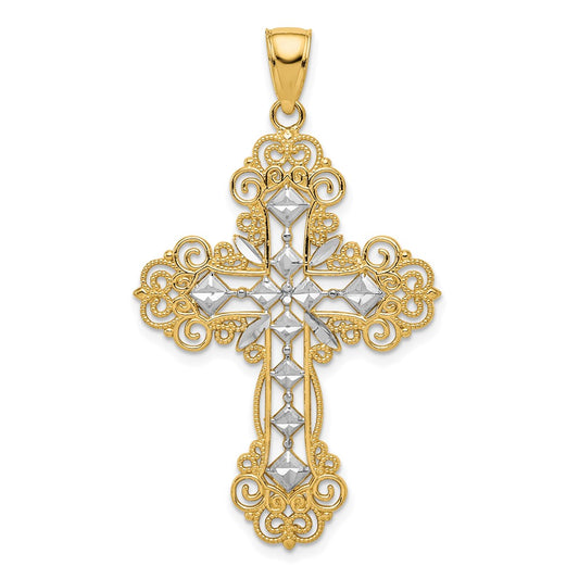 10K Yellow W/Rhodium 10K & Rhodium Polished Textured Diamond Pattern Cross Pendant