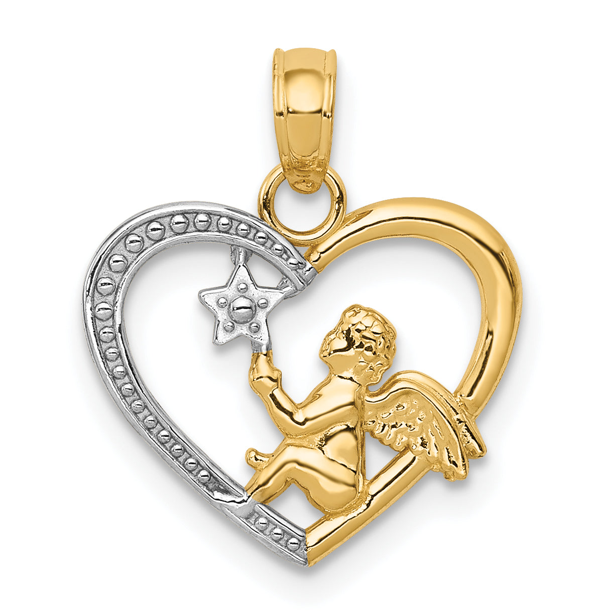 10K Yellow W/Rhodium 10K Angel In Heart W/ Star Pendant