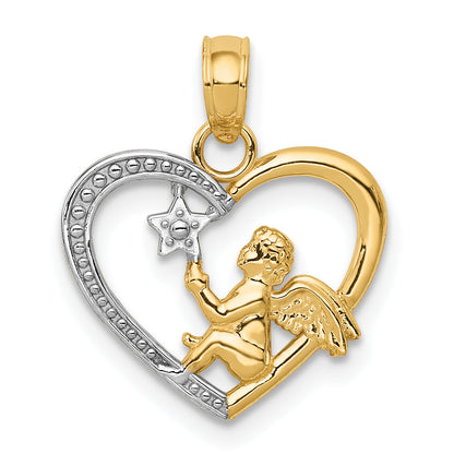 10K Yellow W/Rhodium 10K Angel In Heart W/ Star Pendant
