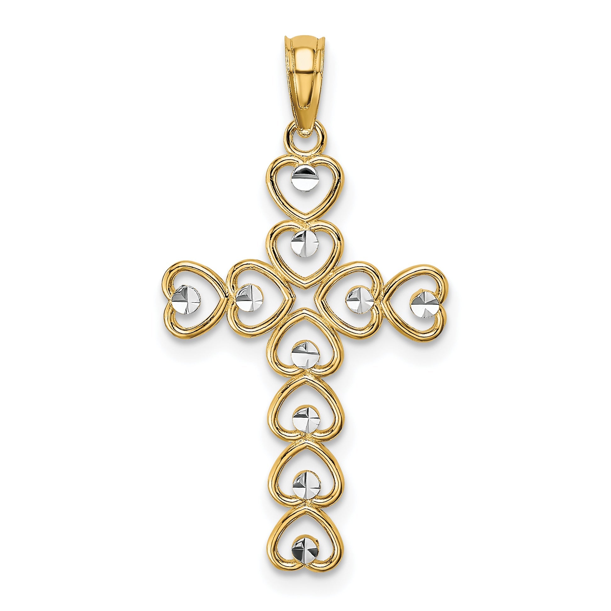 10K Yellow W/Rhodium 10K W/ Rhodium Hearts/Cross Pendant