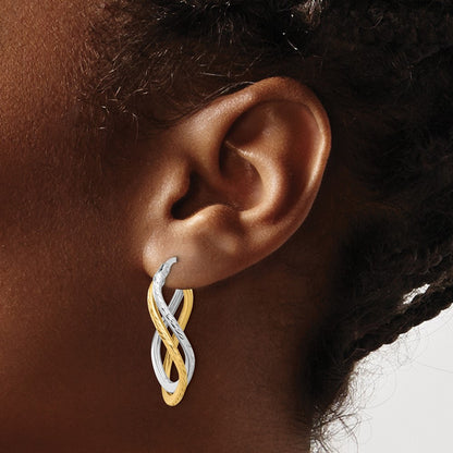 10K Yellow Rhodium With Polished And Diamond Cut Twist Hoop Earrings
