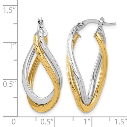 10K Yellow Rhodium With Polished And Diamond Cut Twist Hoop Earrings
