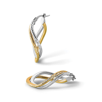 10K Yellow Rhodium With Polished And Diamond Cut Twist Hoop Earrings