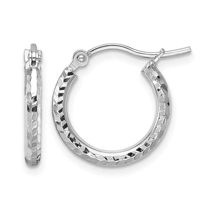 10K White Gold Diamond Cut 2mm Round Tube Hoop Earrings