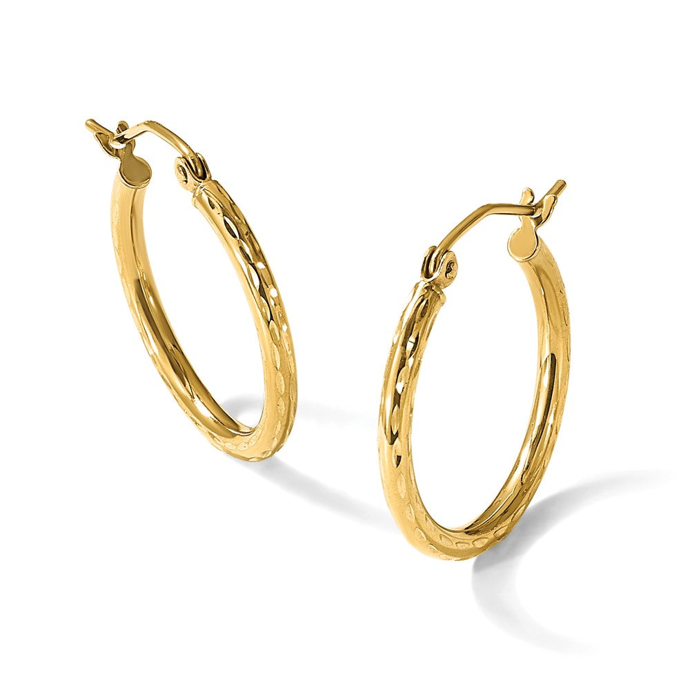 10K Yellow Gold Diamond Cut 2mm Round Tube Hoop Earrings
