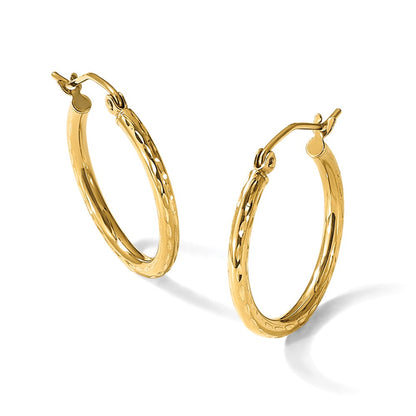 10K Yellow Gold Diamond Cut 2mm Round Tube Hoop Earrings