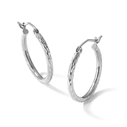 10K White Gold Diamond Cut 2mm Round Tube Hoop Earrings