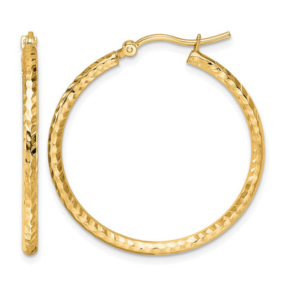 10K Yellow Gold Diamond Cut 2mm Round Tube Hoop Earrings