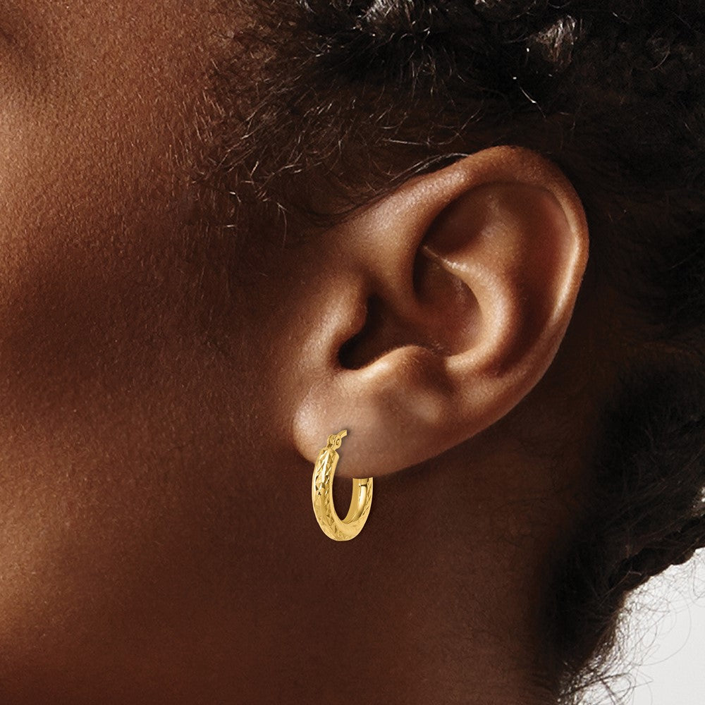 10K Yellow Gold Diamond Cut 3mm Round Hoop Earrings