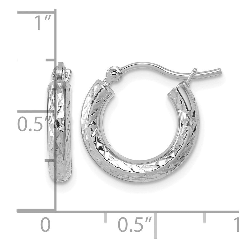 10K White Gold Diamond Cut 3mm Round Hoop Earrings