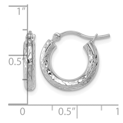 10K White Gold Diamond Cut 3mm Round Hoop Earrings