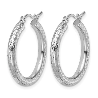 10K White Gold Diamond Cut 3mm Round Hoop Earrings