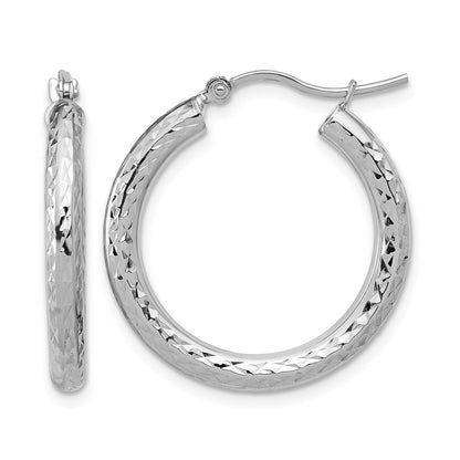10K White Gold Diamond Cut 3mm Round Hoop Earrings