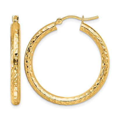 10K Yellow Gold Diamond Cut 3mm Round Hoop Earrings