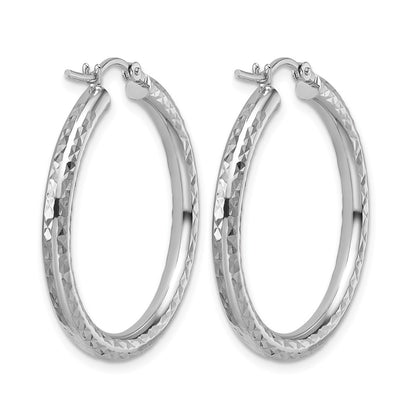 10K White Gold Diamond Cut 3mm Round Hoop Earrings