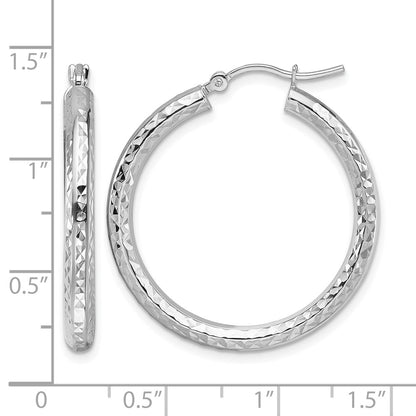 10K White Gold Diamond Cut 3mm Round Hoop Earrings
