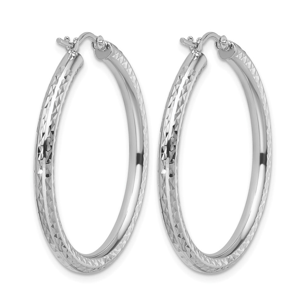10K White Gold Diamond Cut 3mm Round Hoop Earrings