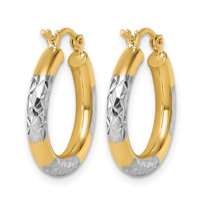 10K Yellow Gold With Rhodium Diamond Cut 3mm Hoop Earrings