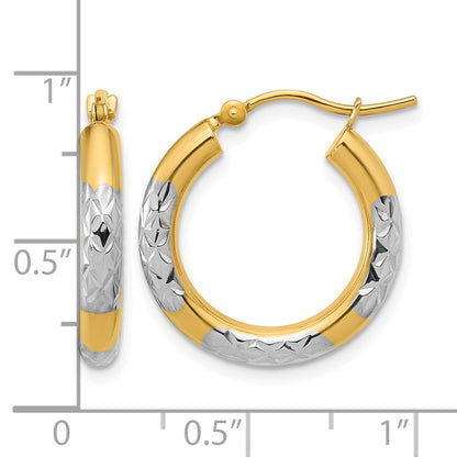 10K Yellow Gold With Rhodium Diamond Cut 3mm Hoop Earrings