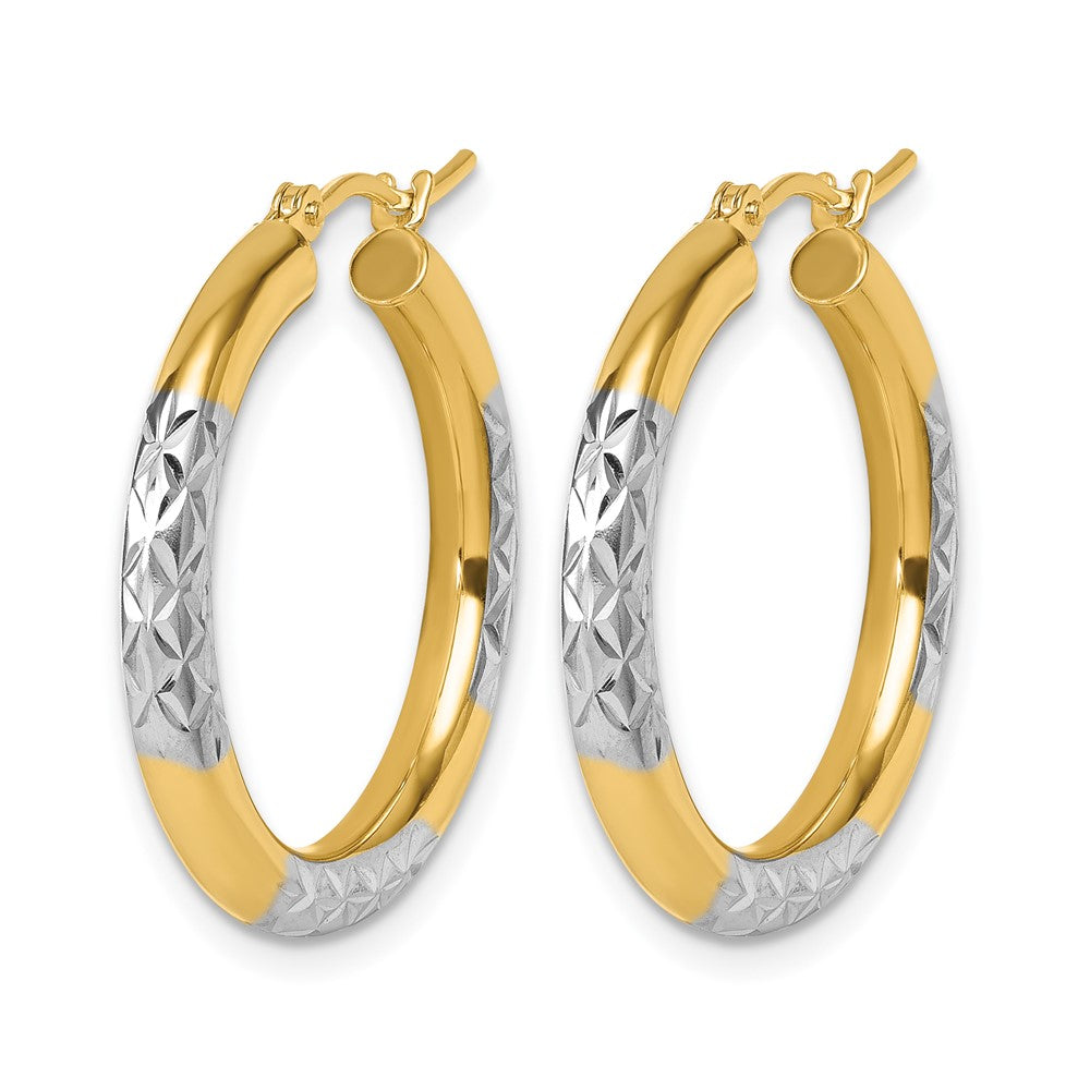 10K Yellow Gold With Rhodium Diamond Cut 3mm Hoop Earrings